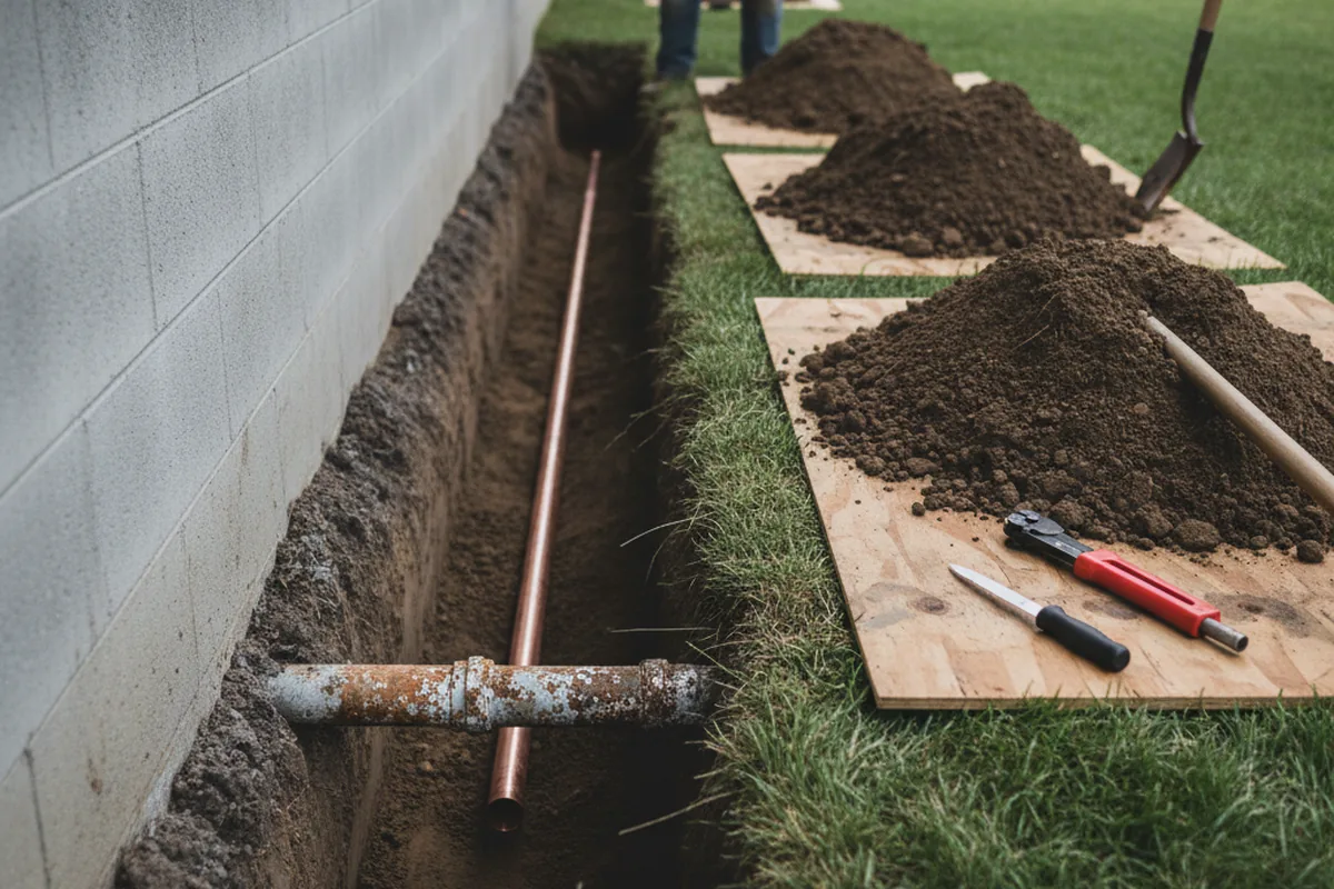 Excavated water line trench during Sewer Line Repair in Sebring